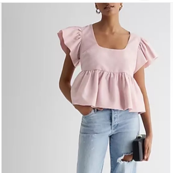Express Tops - 😊 Express Square Neck Flutter Sleeve Peplum Babydoll Top Pastel Pink